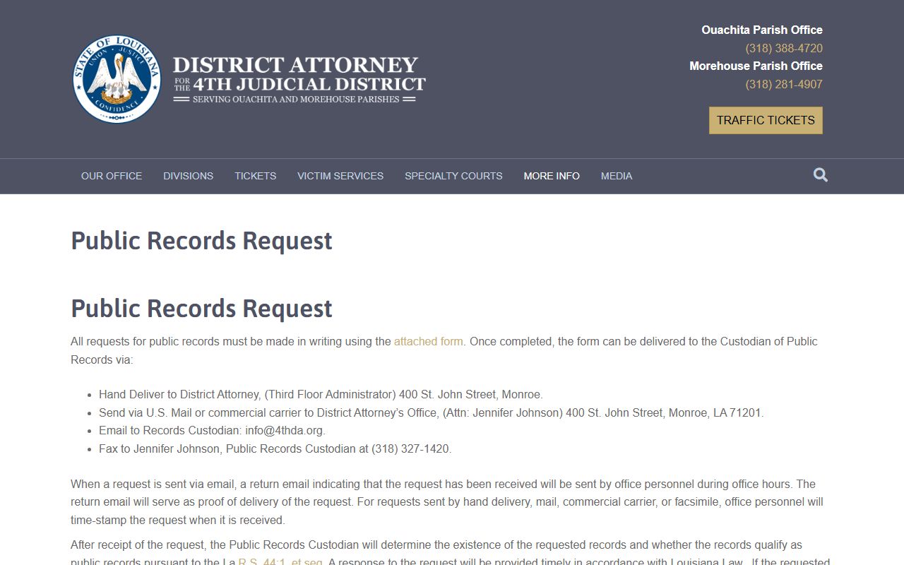 Ouachita Parish criminal court records District Attorney public records request