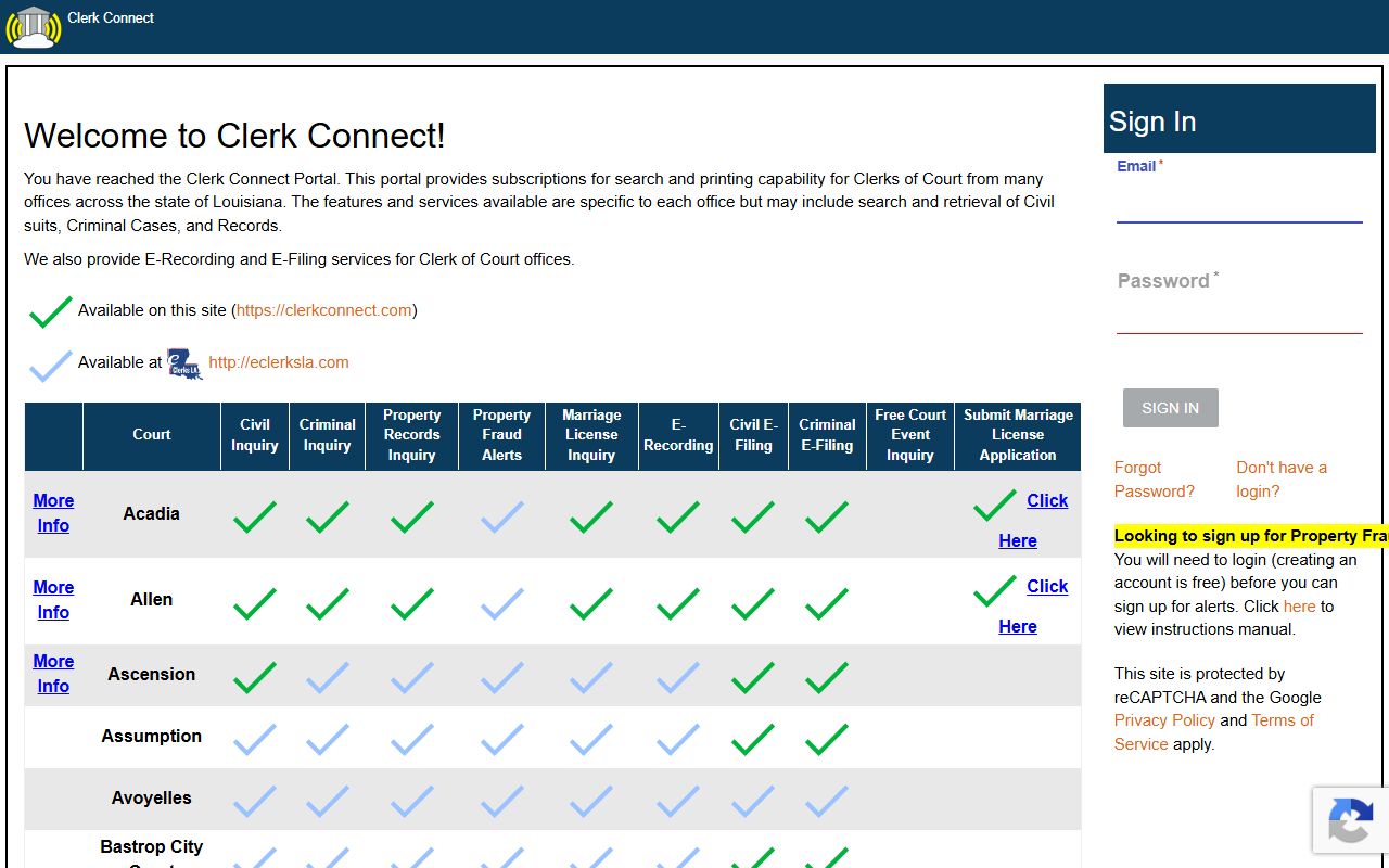 Ouachita Parish court records Clerk Connect inquiry screen