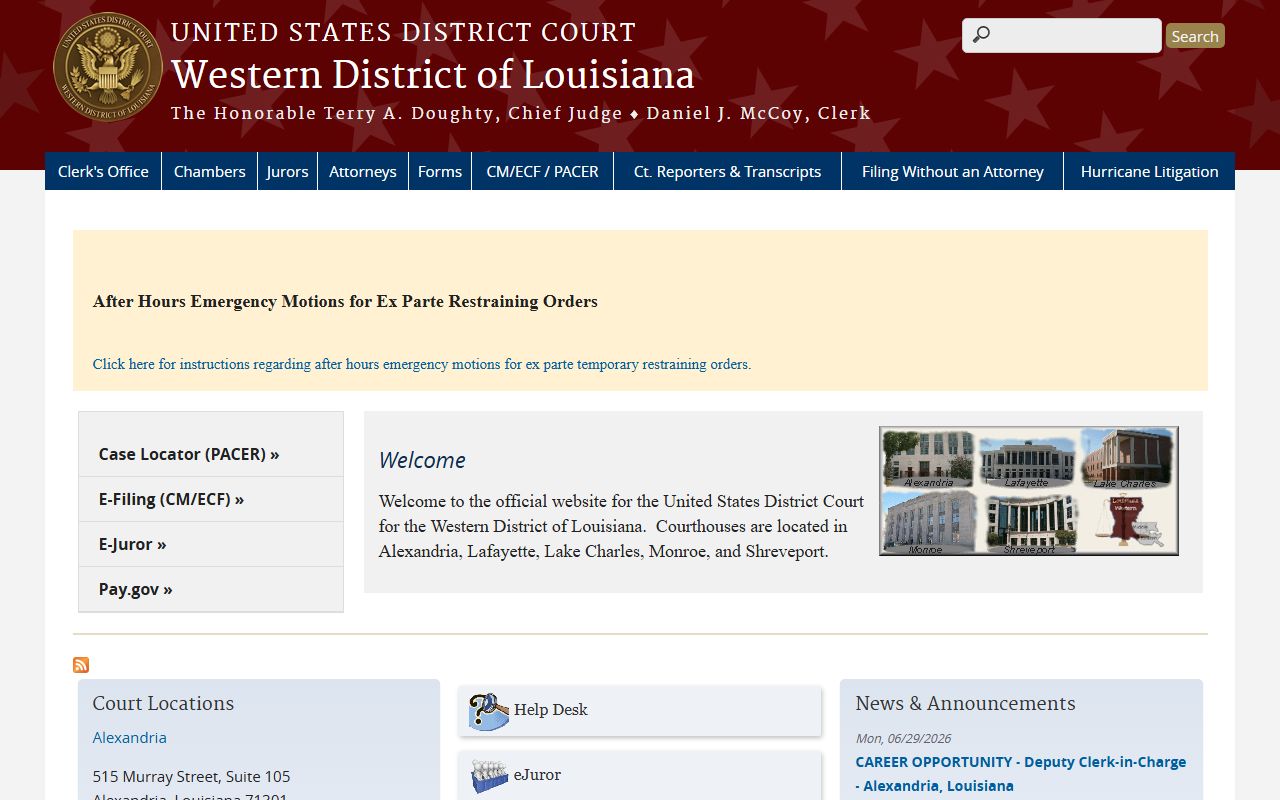 Western District of Louisiana federal court homepage for inmate-related federal records