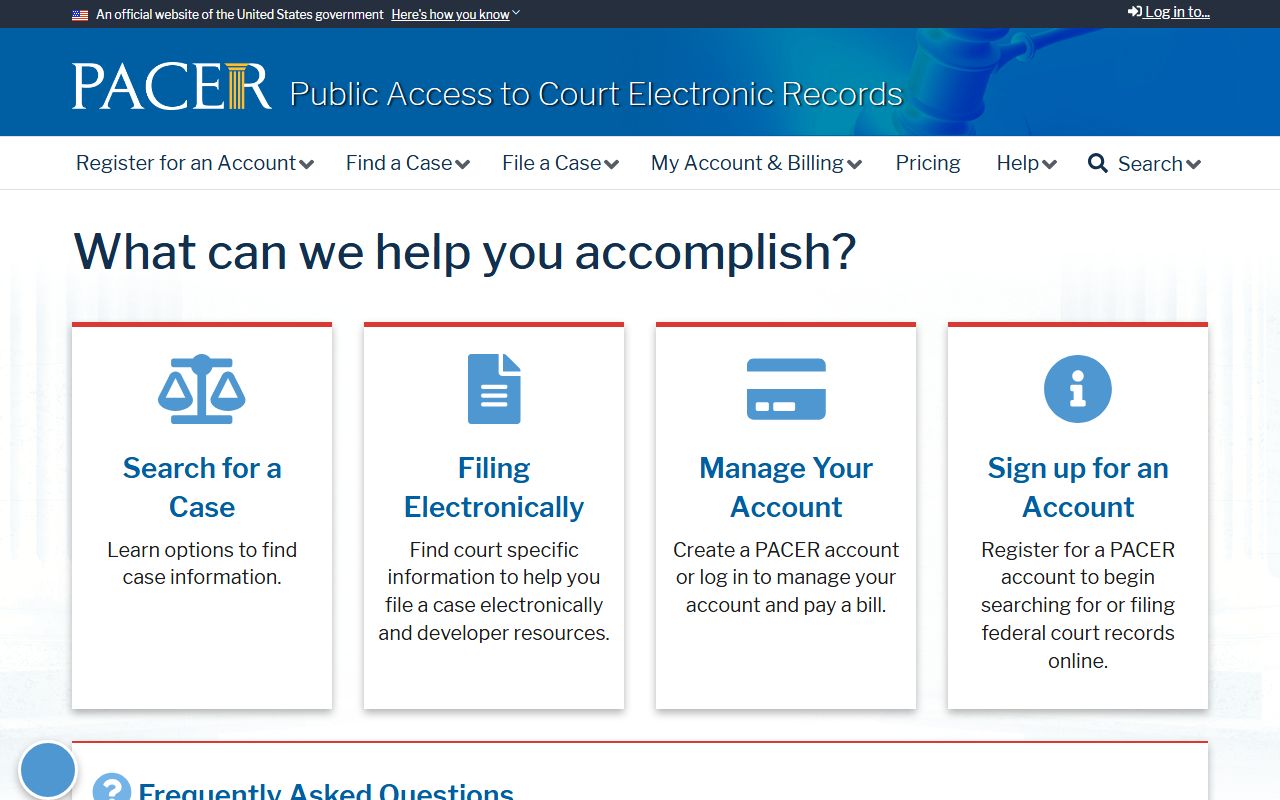PACER federal court records access homepage