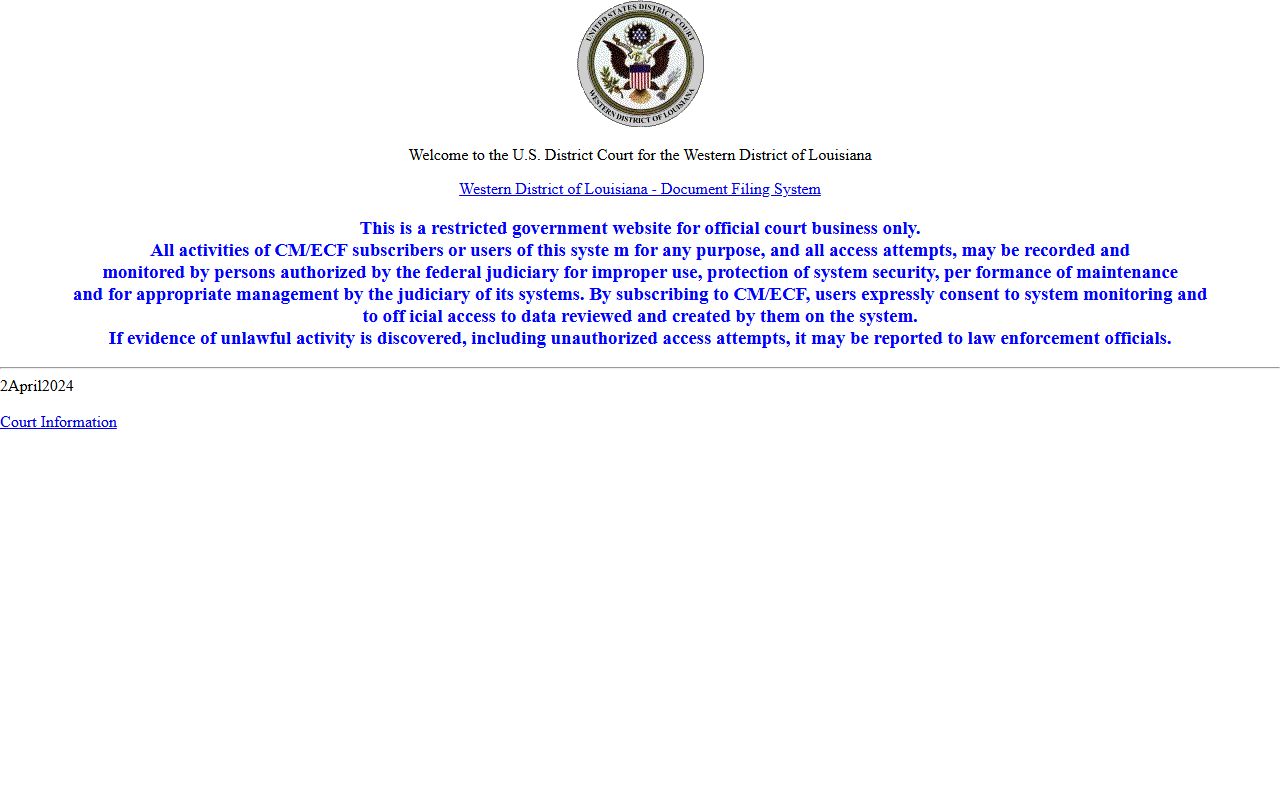 Western District of Louisiana CM ECF access page