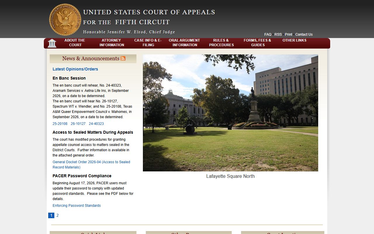 Fifth Circuit Court of Appeals homepage for Louisiana federal appeals