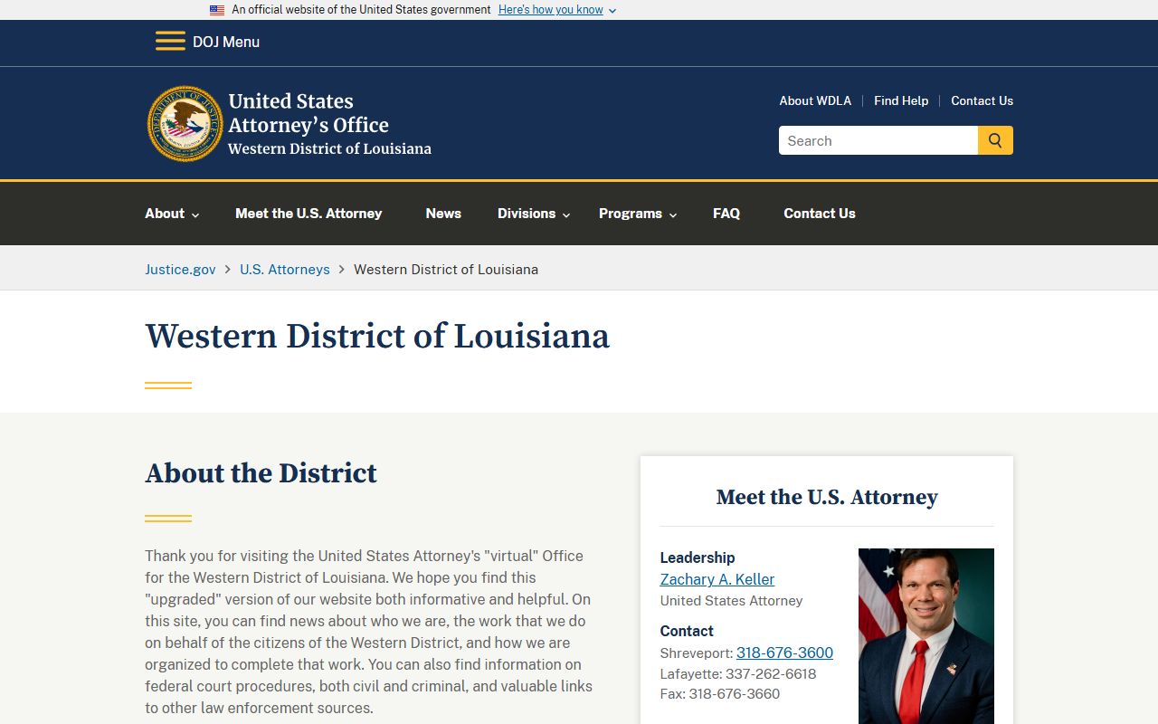 U.S. Attorney Western District of Louisiana homepage