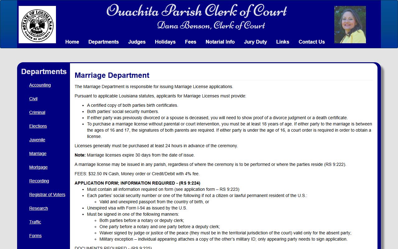 Ouachita Parish marriage records Clerk Marriage Department