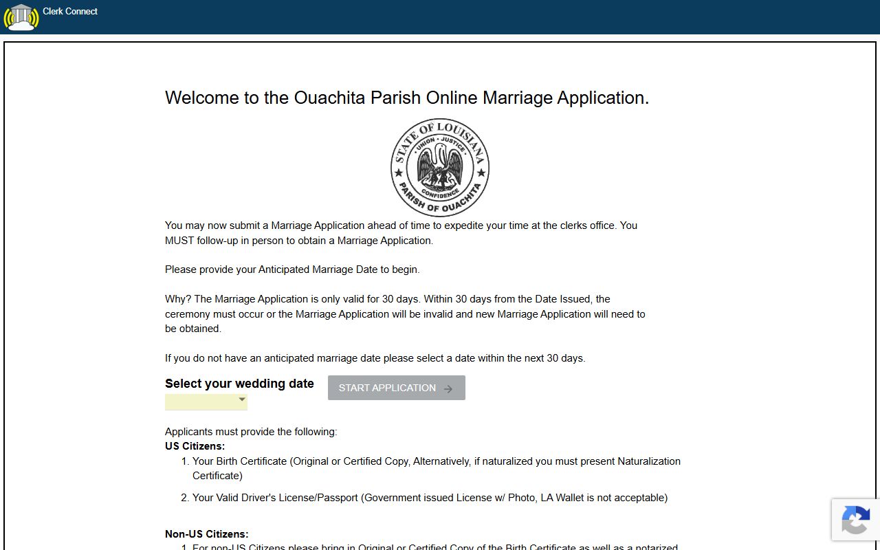 Ouachita Parish marriage records Clerk Connect application