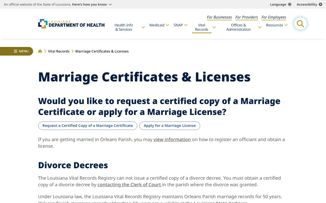 Ouachita Parish marriage records LDH Orleans Parish boundary