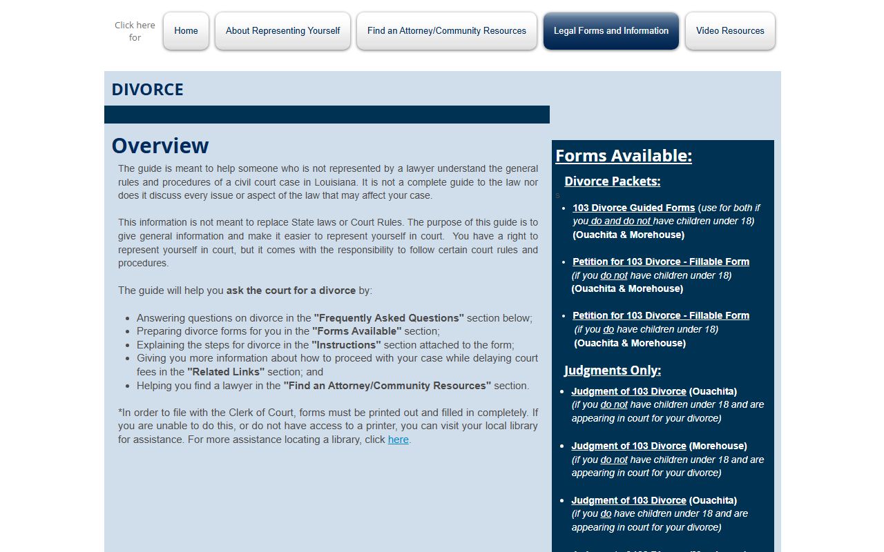 Ouachita Parish divorce records Fourth Judicial District Court self help